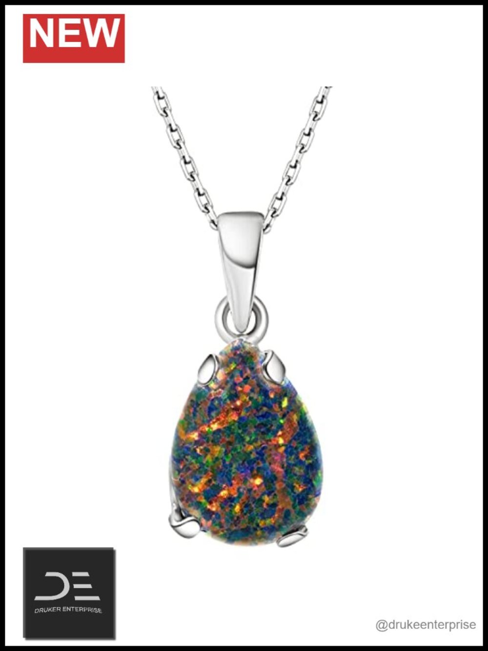 Sterling Silver Black Opal Teardrop Pendant Necklace 45cm